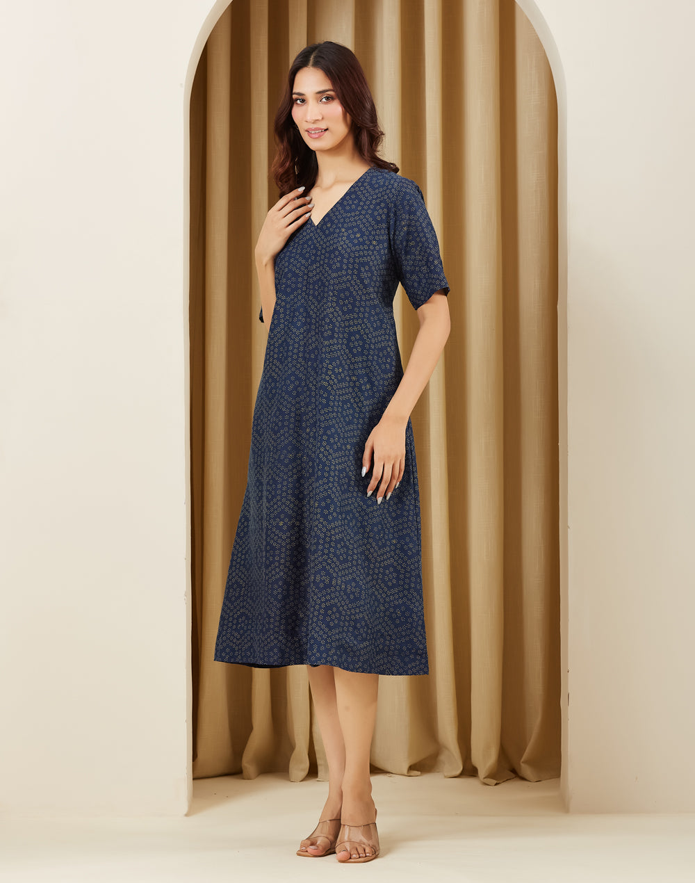 Indigo Ajrakh Print Indian Midi Dress with elbow sleeves