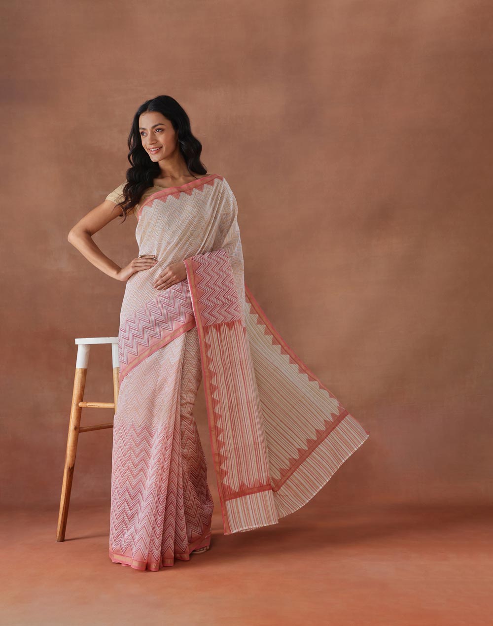 Pink Cotton Silk Hand Block Printed Sari