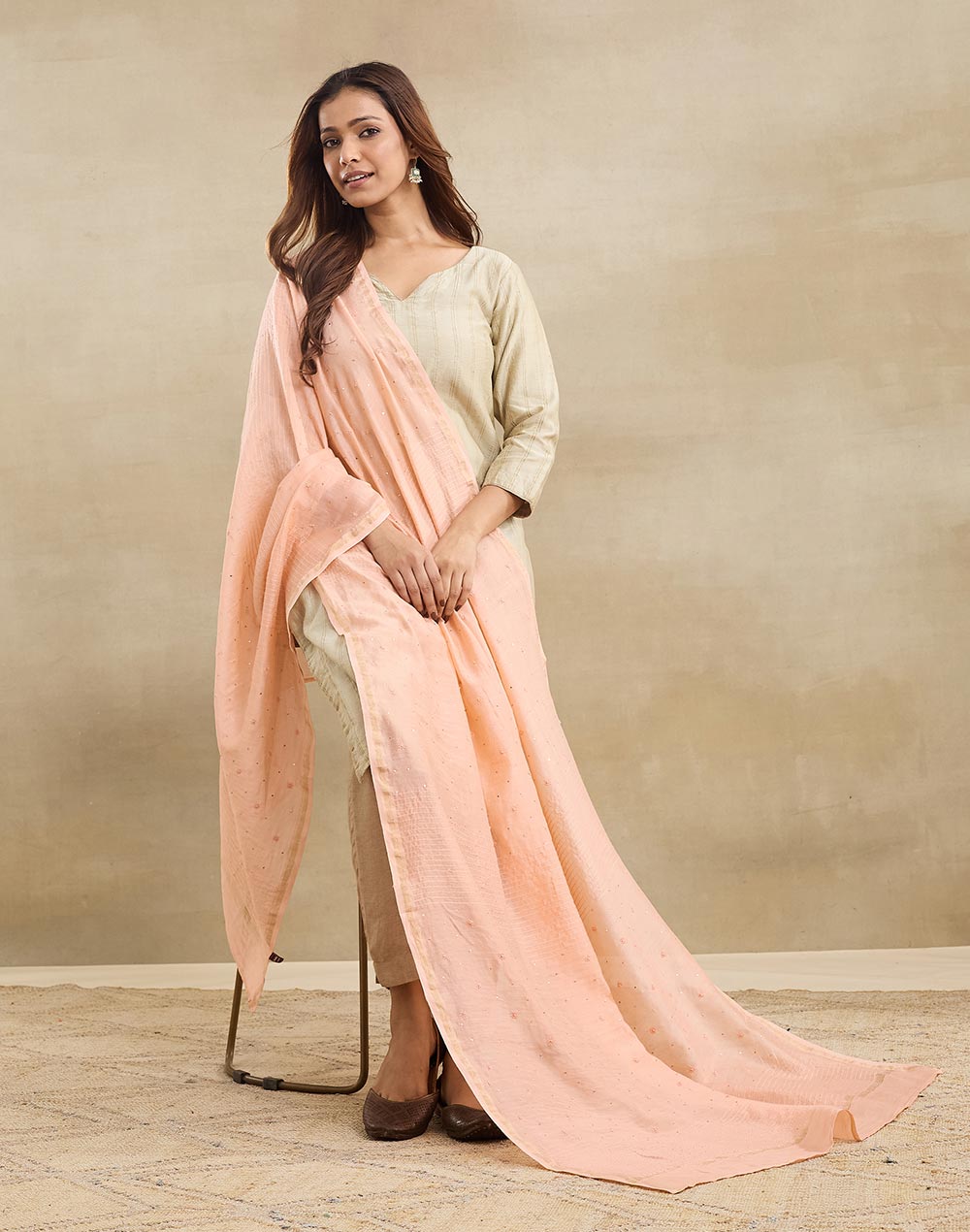 Orange Cotton Silk Blend Chikankari Dupatta