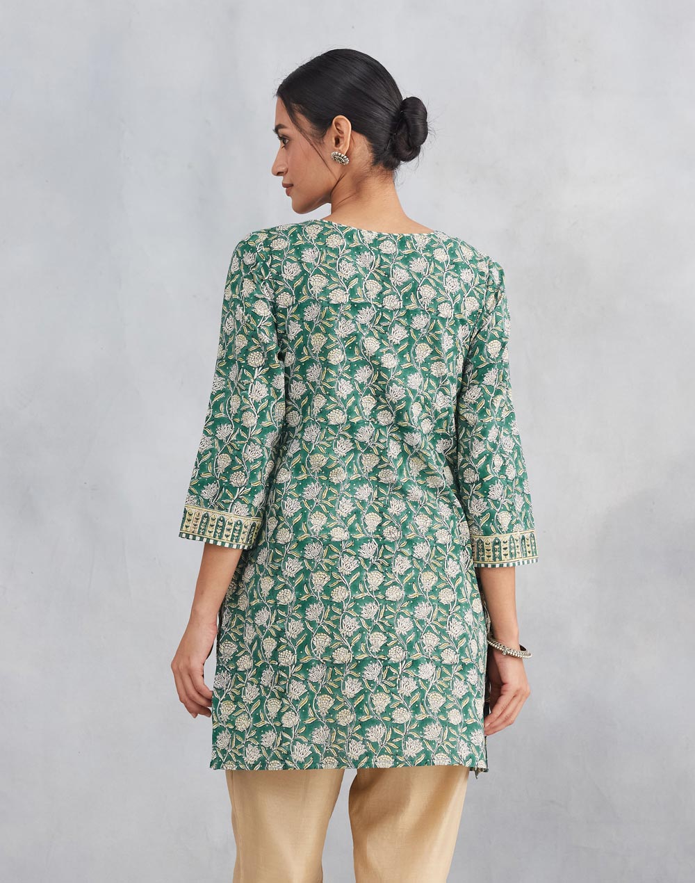 Teal Cotton Hand Block Printed Slim Fit Short Kurta