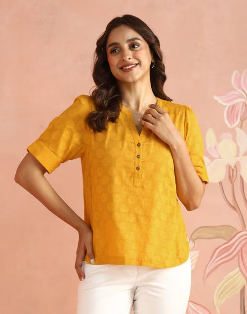 Cotton fabric detail on the Mustard Top
