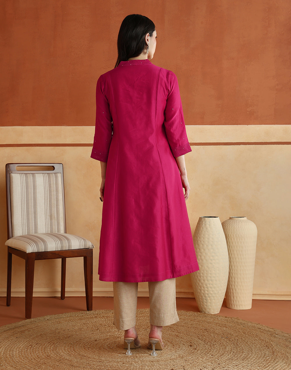 Texture and finish of the Fuchsia Embroidered Long Kurta by Fabindia UK