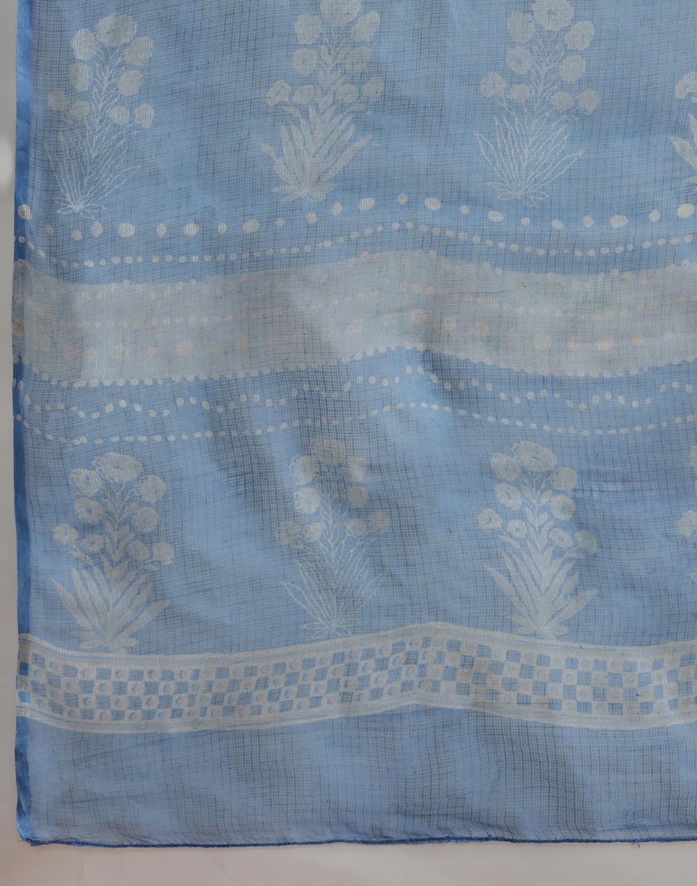 Light Blue Cotton Silk Hand Block Printed Sari