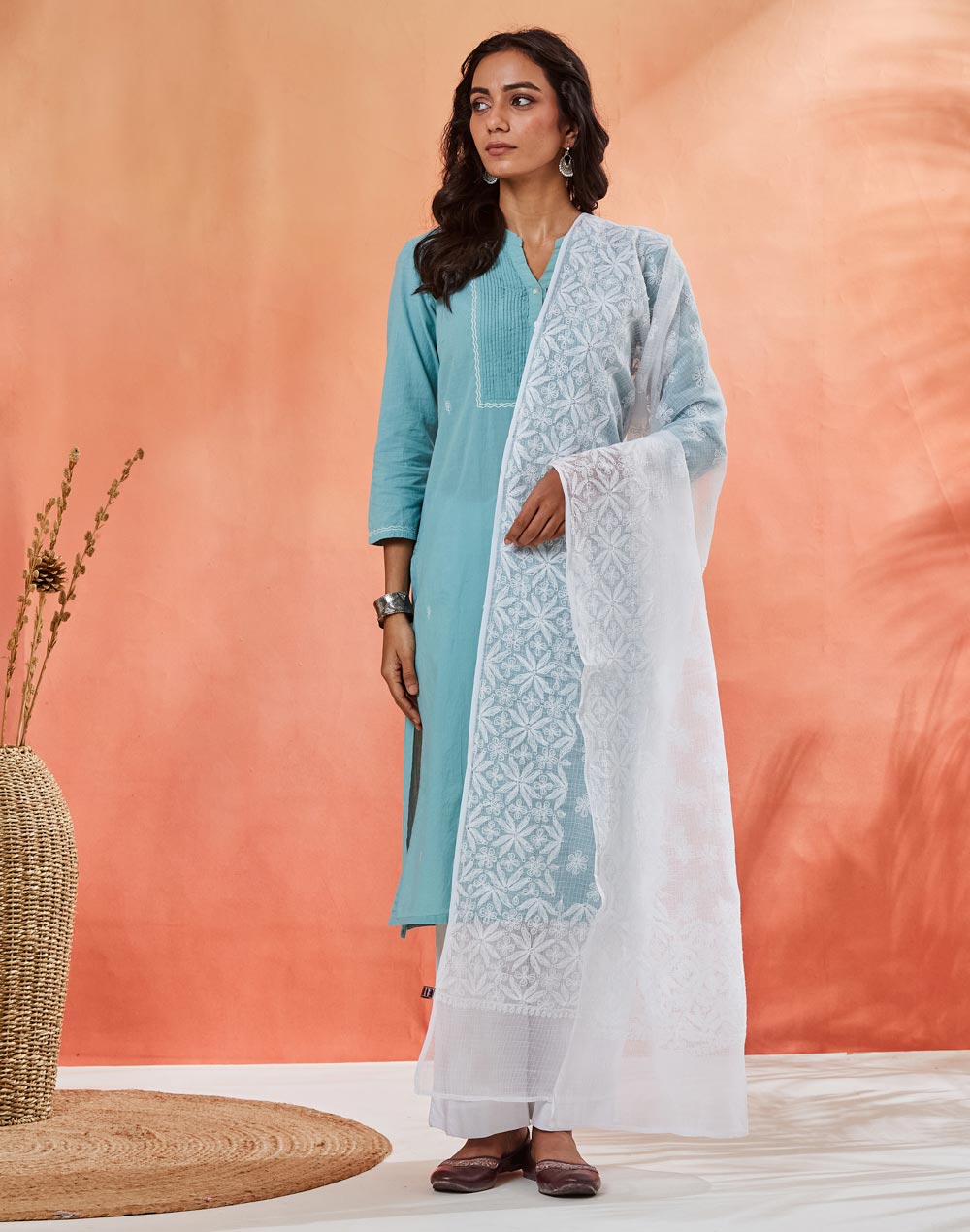 White Cotton Silk Blend Chikankari Dupatta