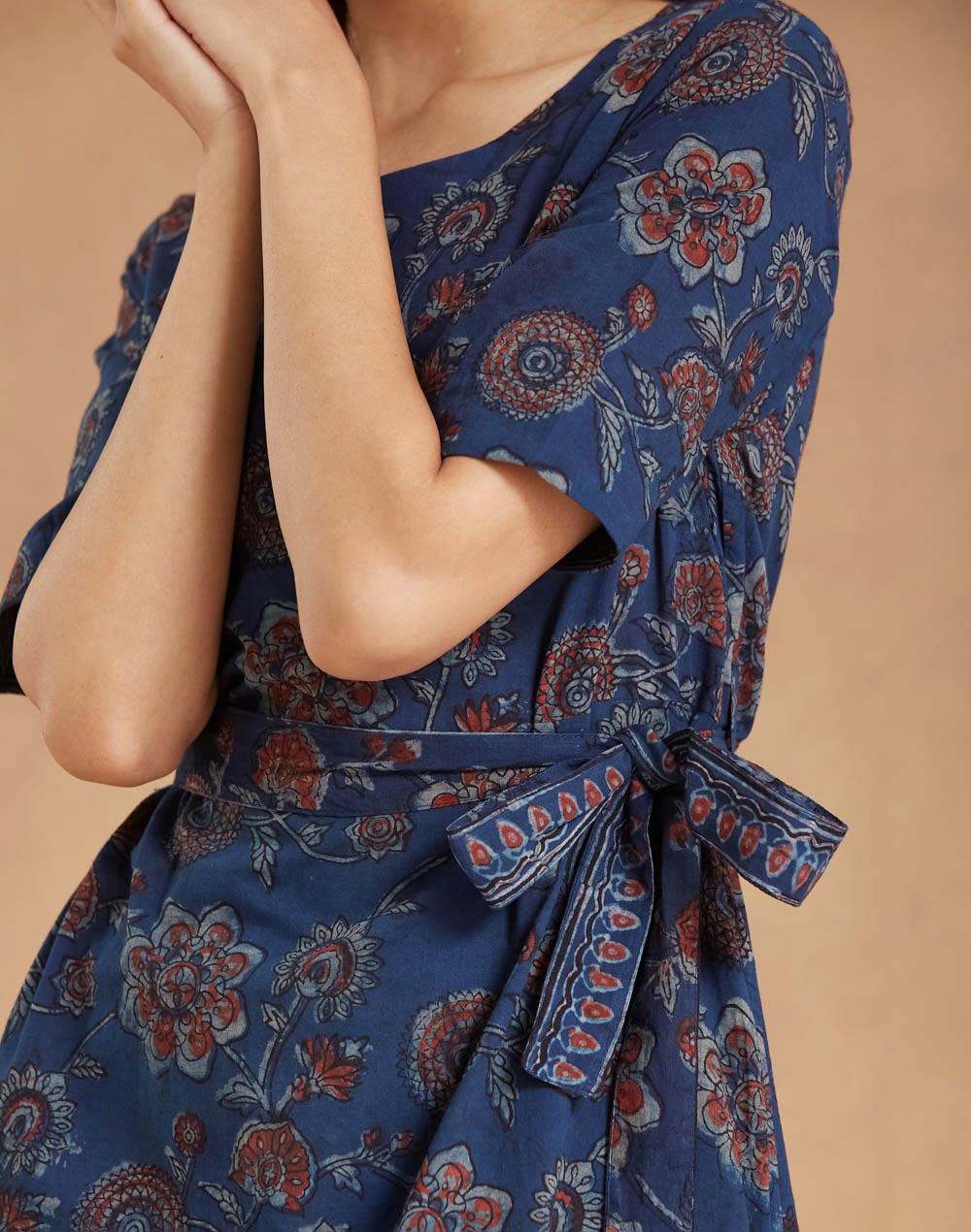 Blue Cotton Bagru Printed Midi Dress