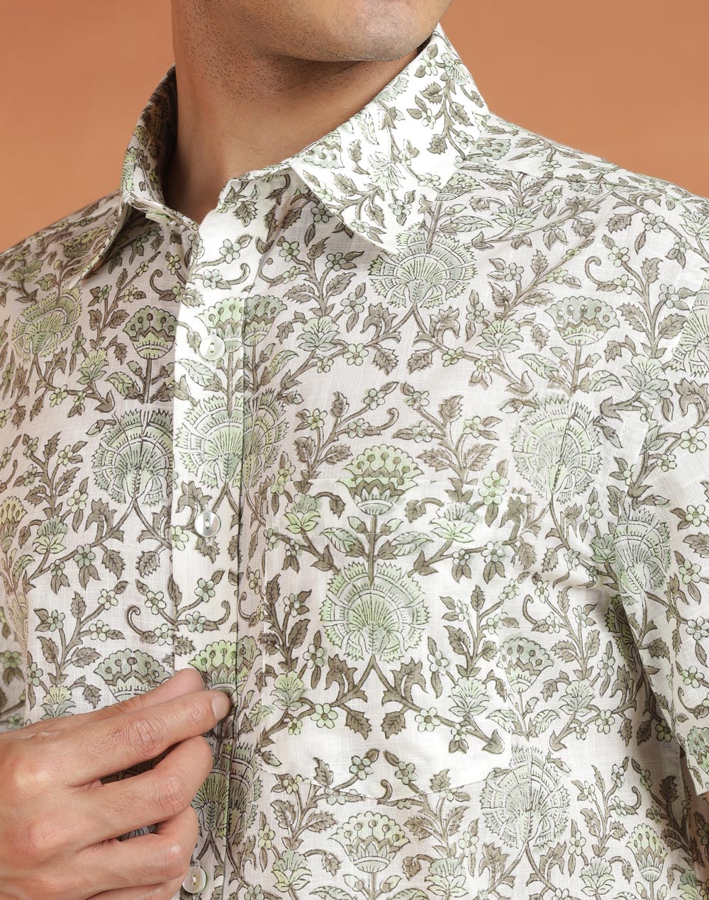 White Cotton Hand Block Printed Bush Shirt