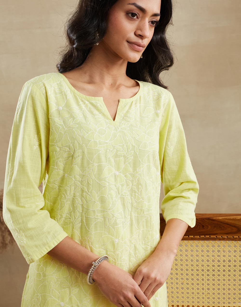 Yellow Cotton Chikankari Long Kurta