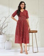 Red Cotton Ajarkh Midi Dress
