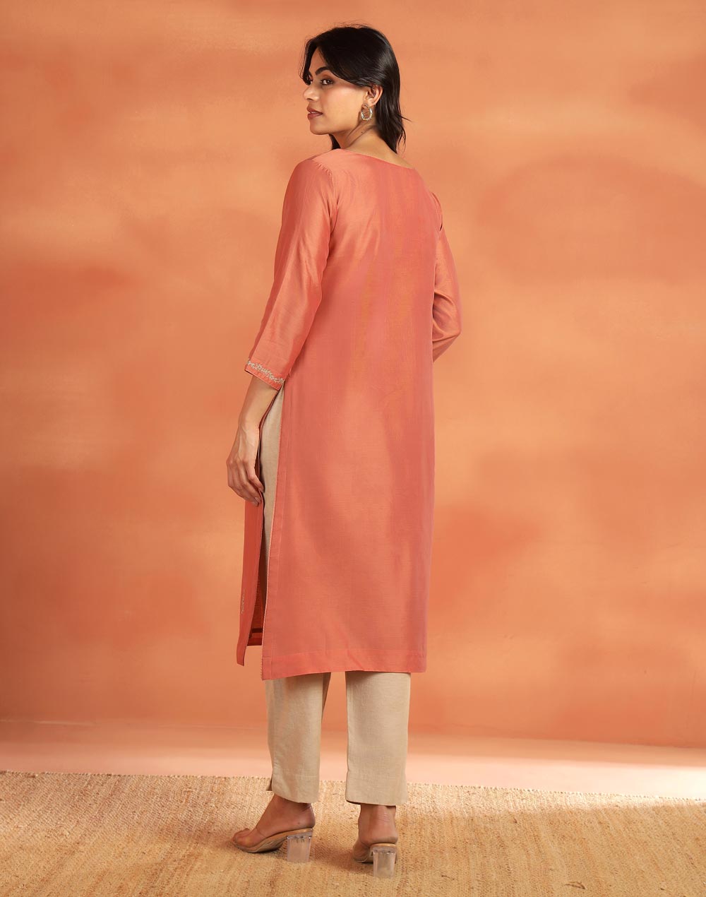 Pink Cotton Silk Embroidered Long Kurta