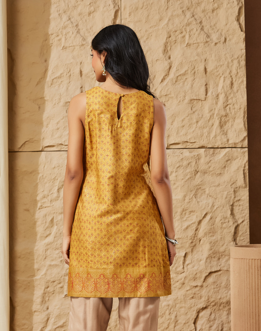 Mustard Viscose Silk Hand Block Printed Slim Fit Short Kurta