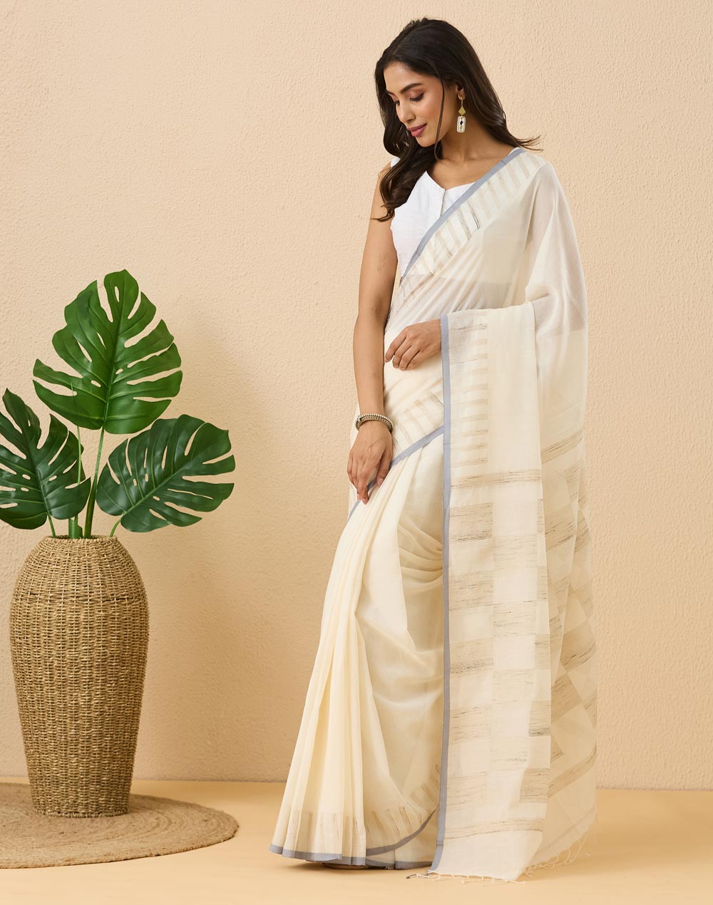 Natural Cotton Silk Blend Hand Woven Sari