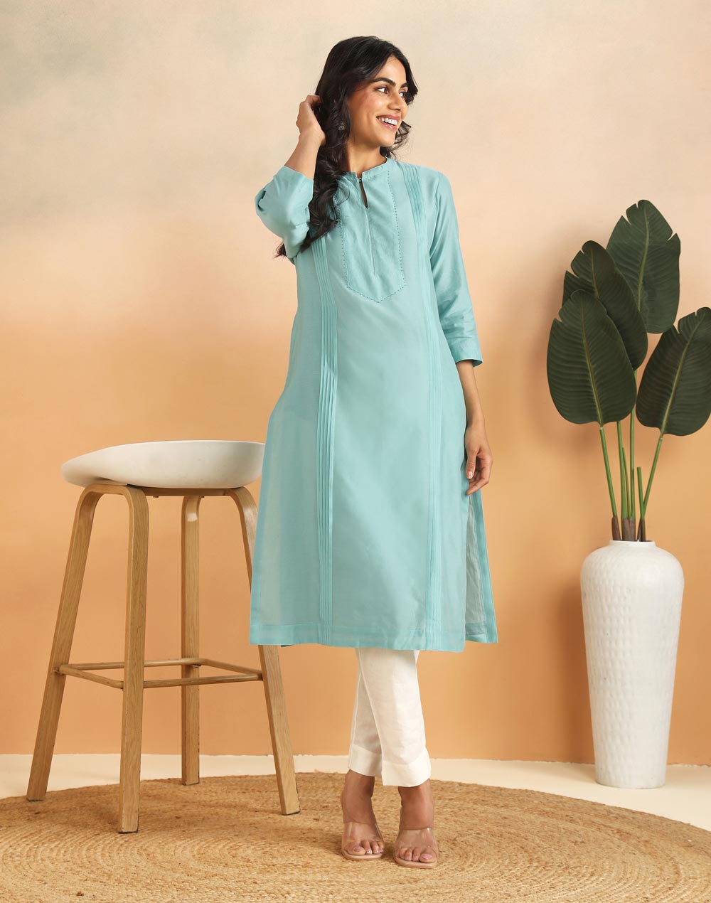 Turquoise Cotton Silk Pintuck Slim Fit Long Kurta