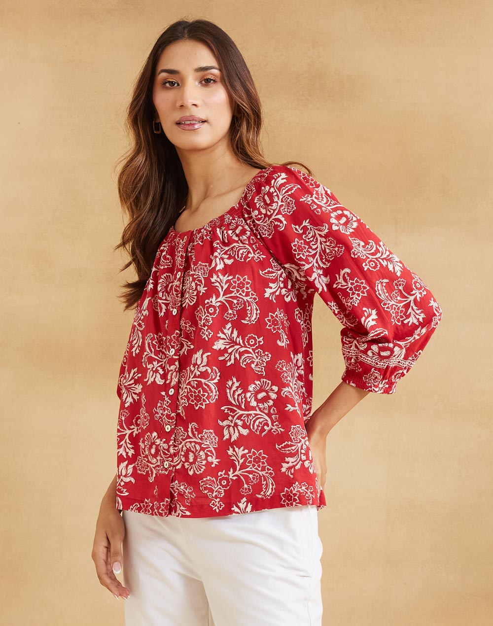 Red Cotton Hand Block Printed Top