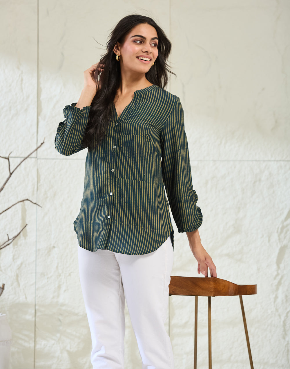 Green Rayon Blend Dabu Striped Shirt