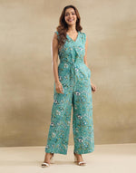 Green Cotton Linen Hand Block Printed Seraphina Wrap Jumpsuit