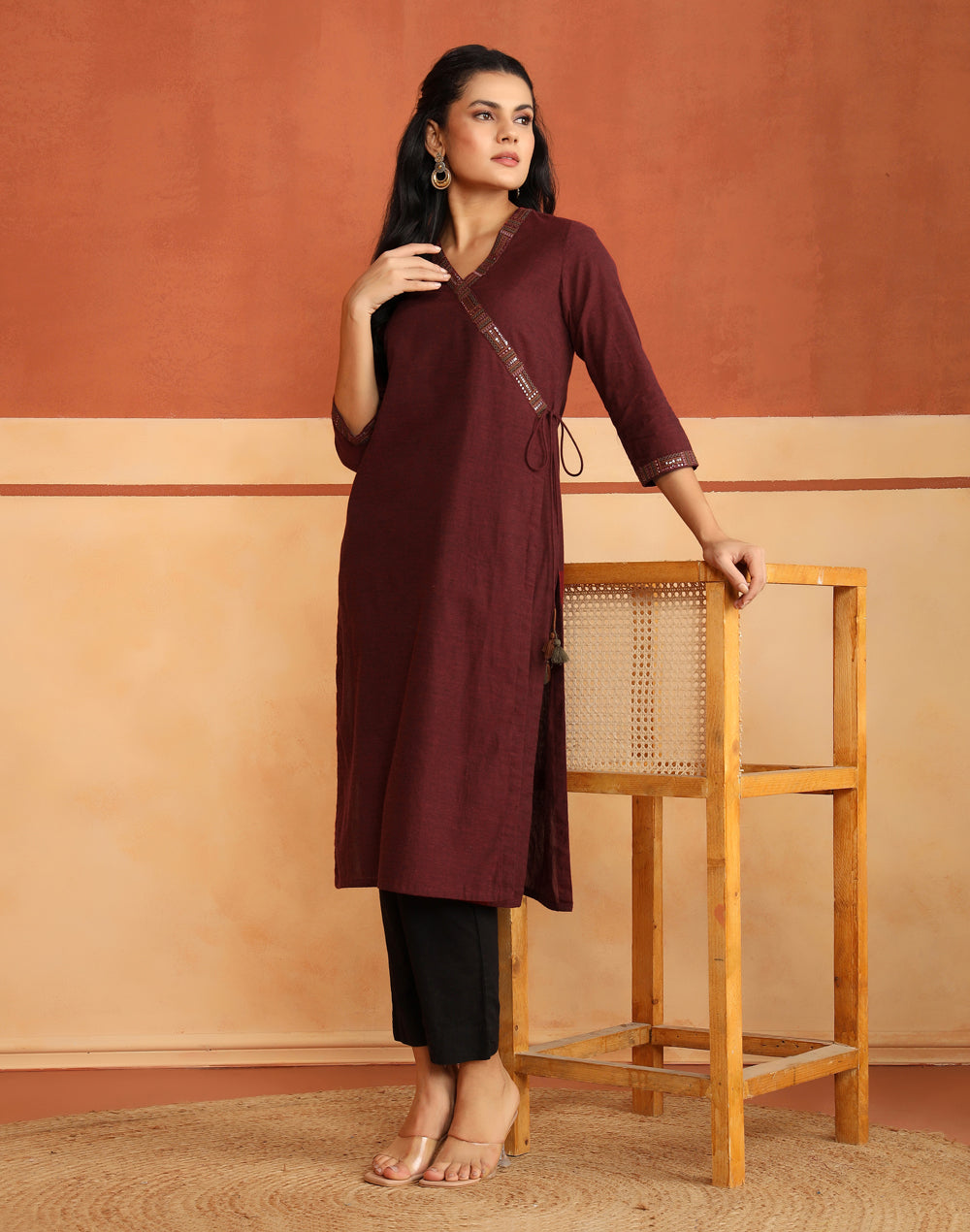 Maroon Cotton Hand Embroidered Slim Fit Long Kurta
