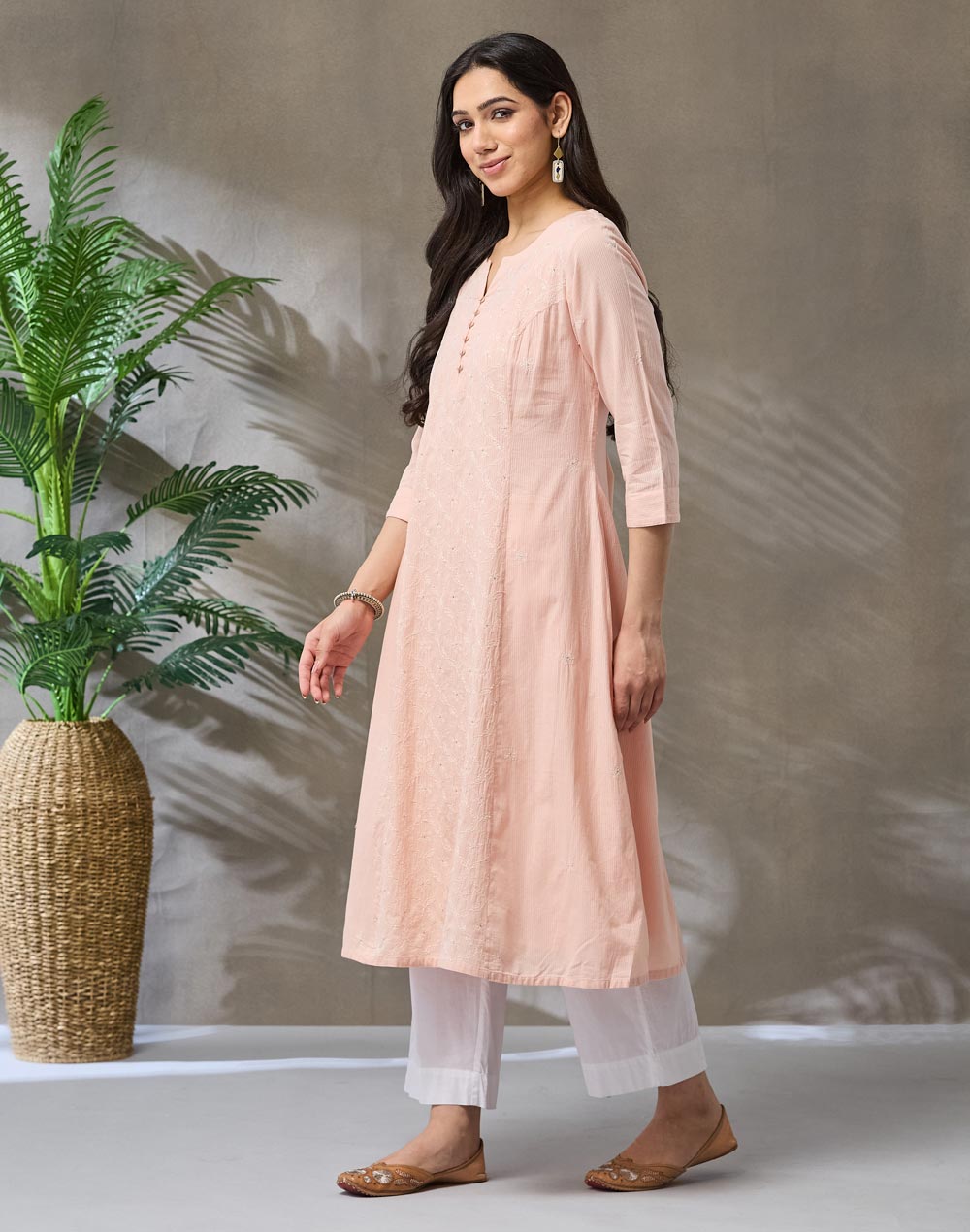 Orange Cotton Chikankari Slim Fit Long Kurta