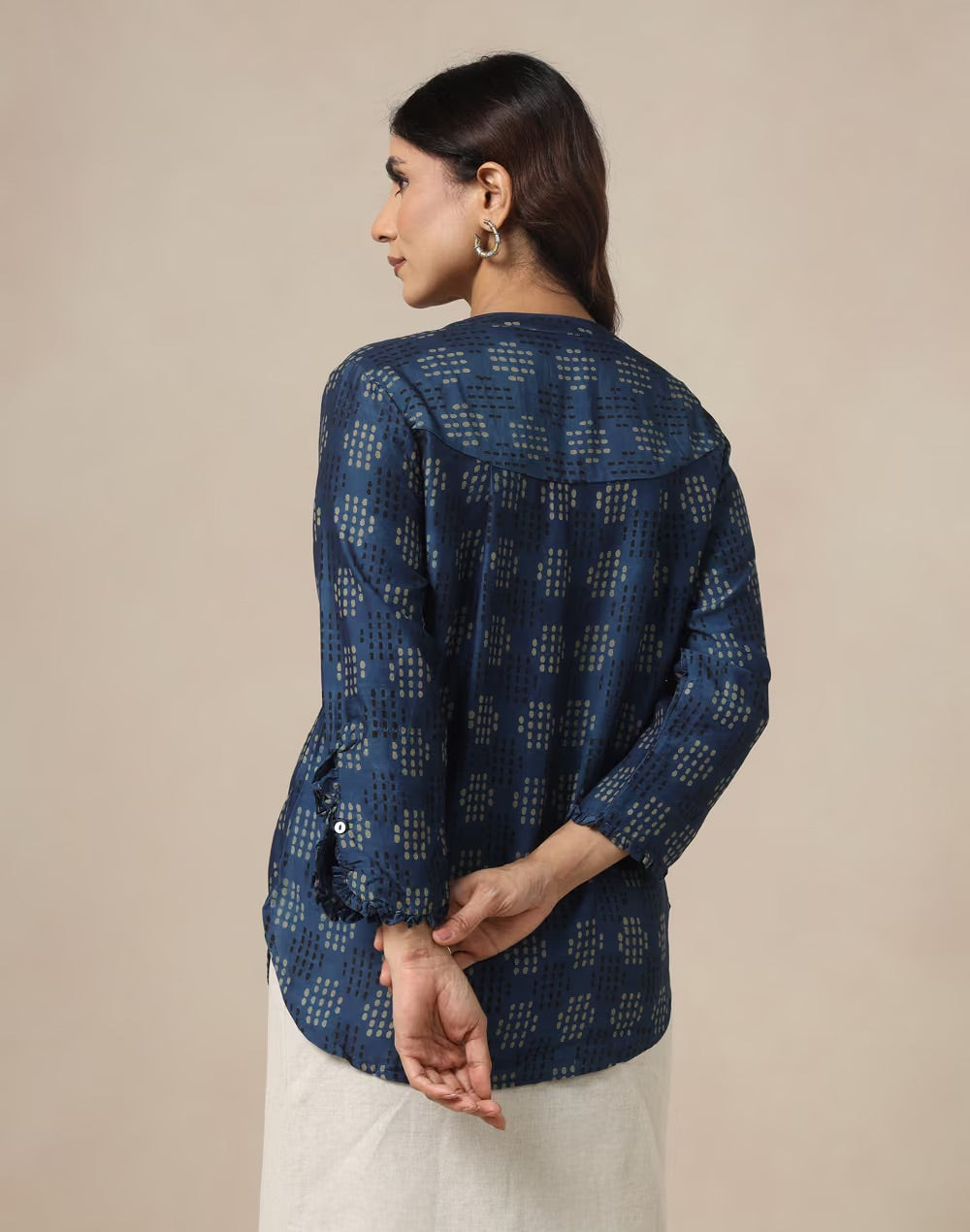Texture and finish of the Blue Block Print Geometric Shirt by Fabindia UK