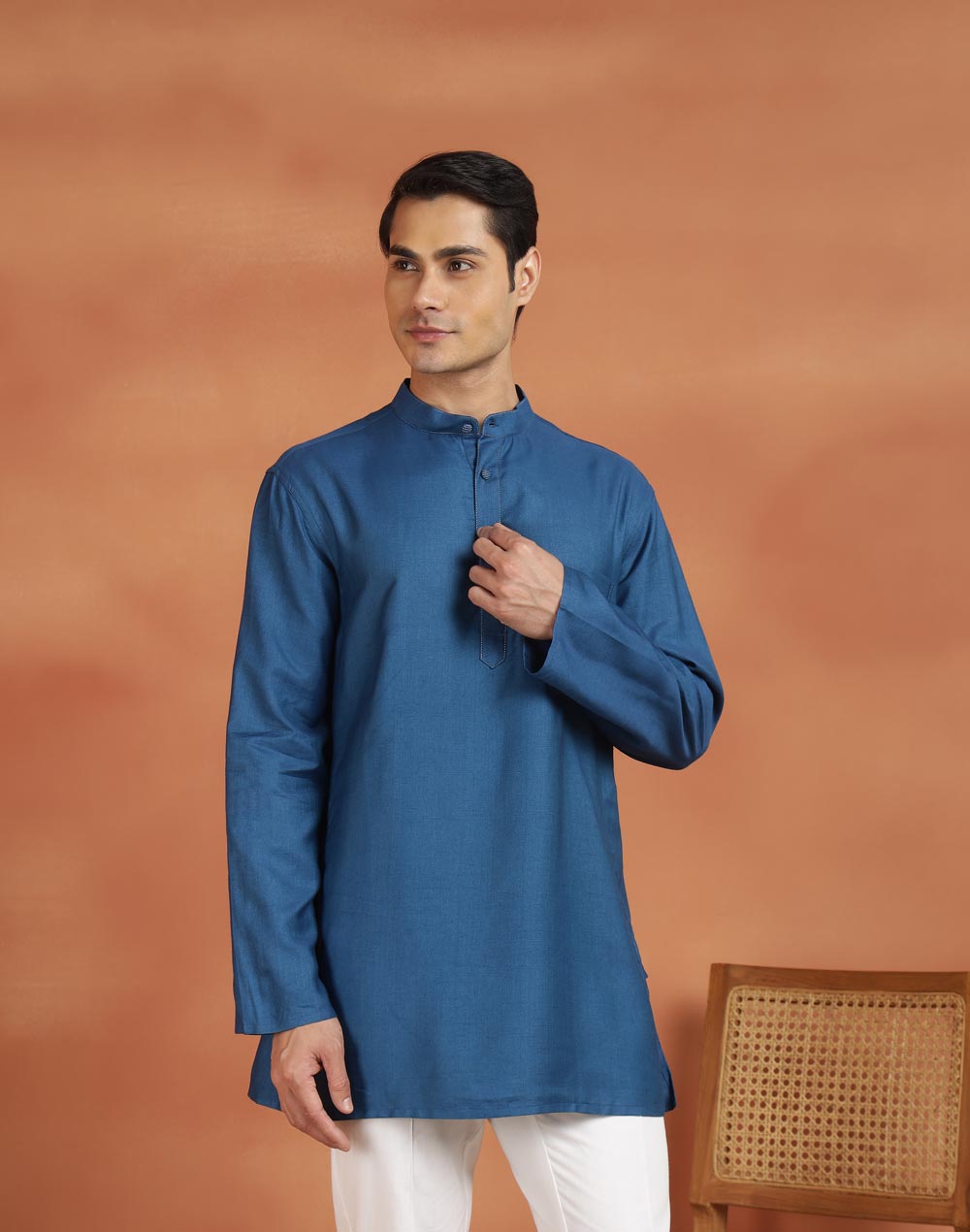 Blue Viscose Silk Short Kurta