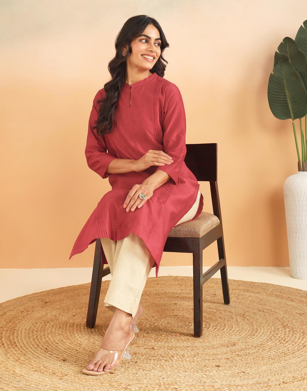 Red Cotton Silk Pintuck Slim Fit Long Kurta