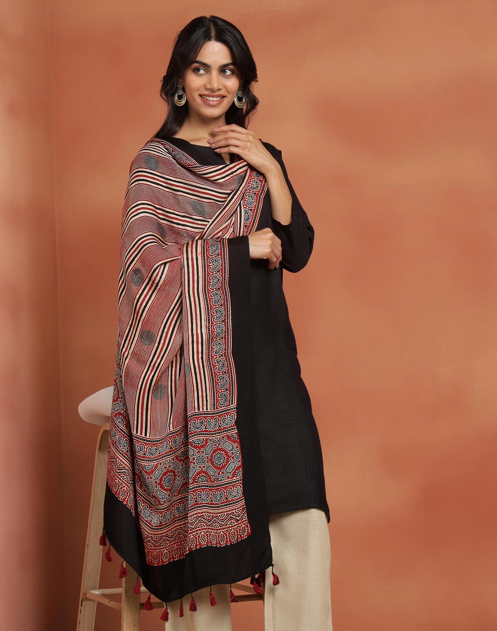 Red Viscose Blend Ajrakh Printed Dupatta