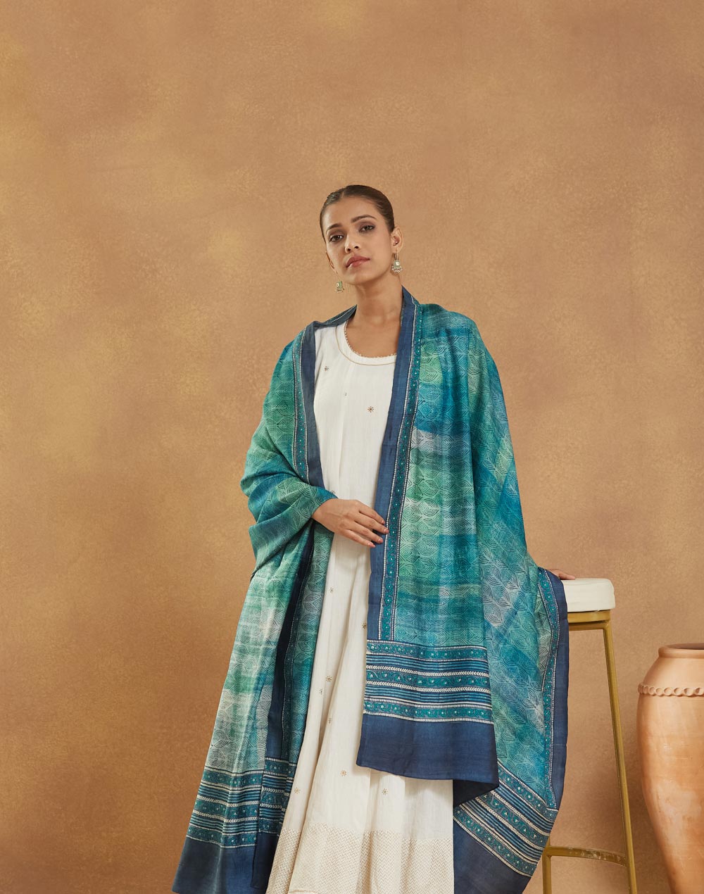 Navy Silk Hand Block Printed Dupatta