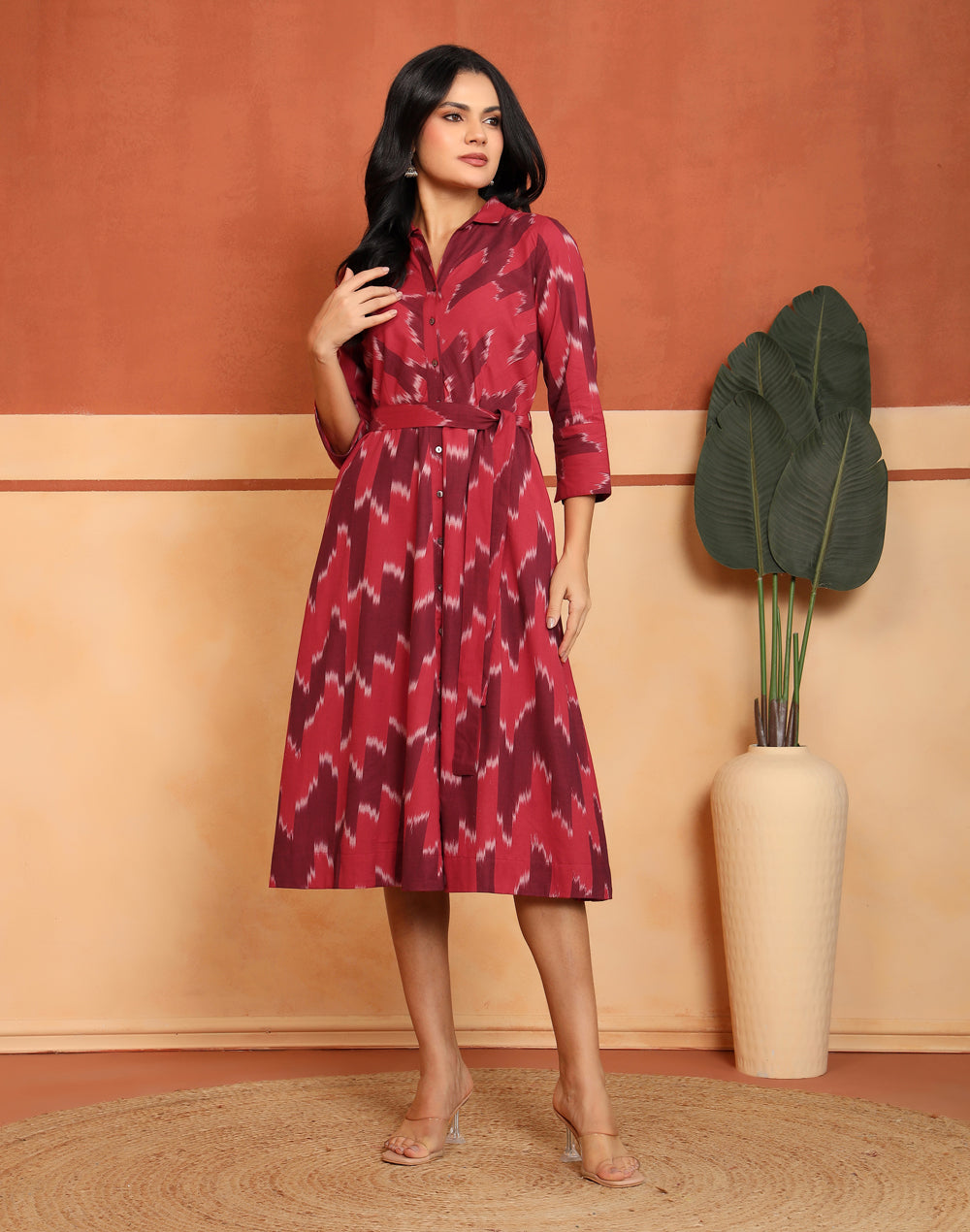 Pink Cotton Woven Midi Dress