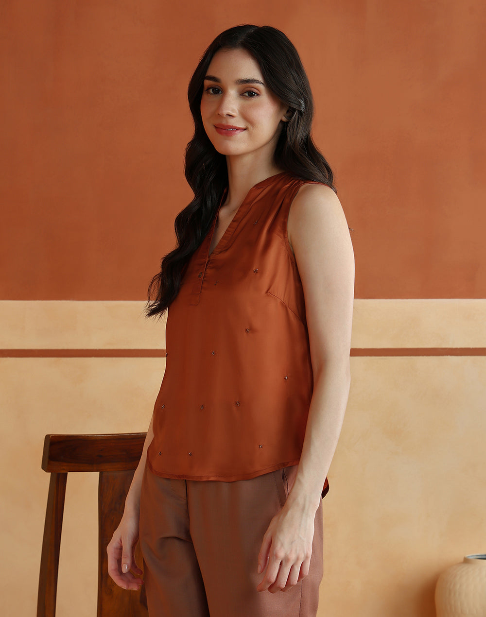 Orange Rayon Blend Hand Embroidered Top