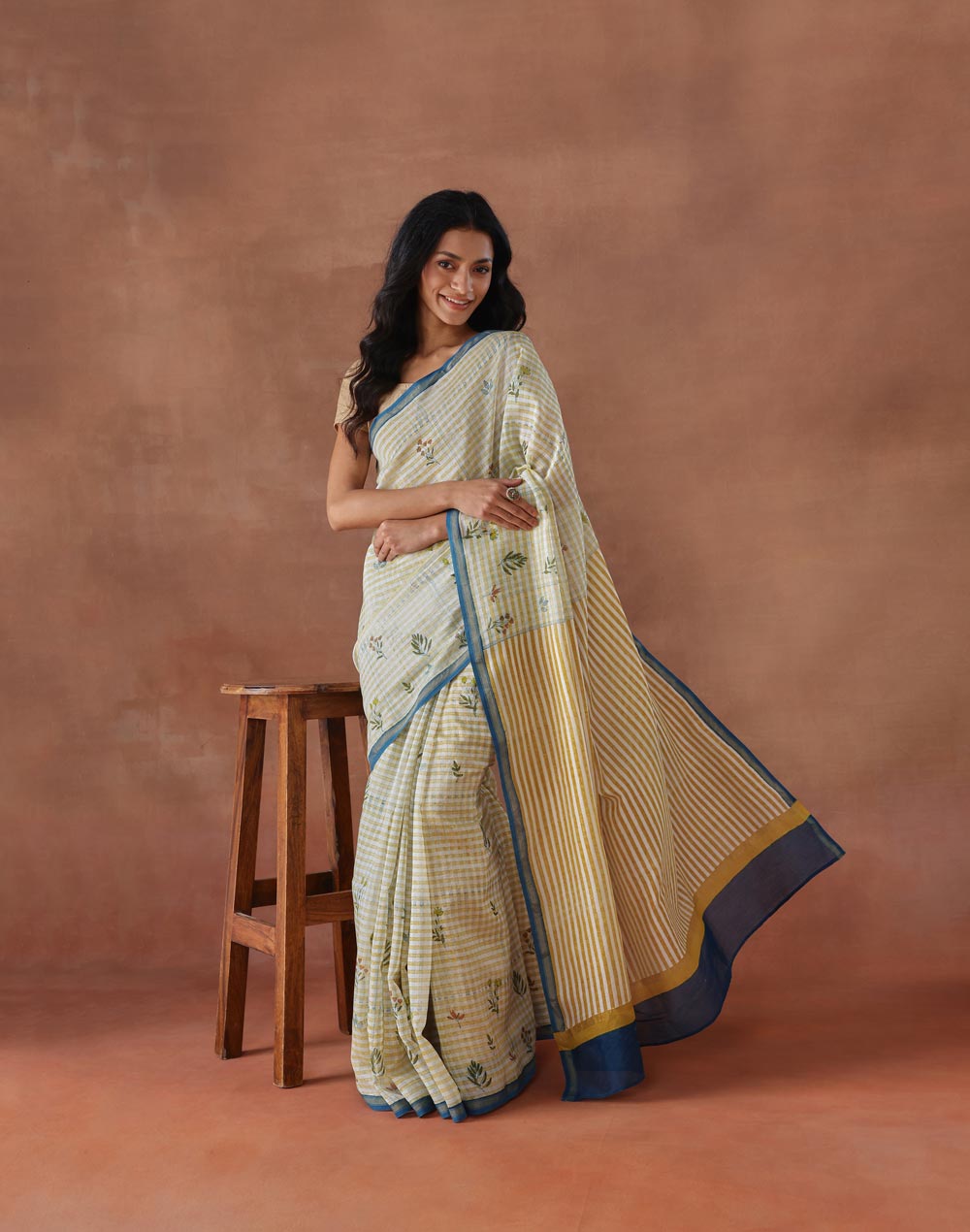 Natural Cotton Silk Hand Block Printed Sari