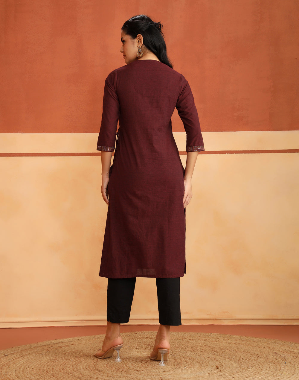 Maroon Cotton Hand Embroidered Slim Fit Long Kurta