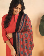 Red Viscose Blend Ajrakh Printed Dupatta