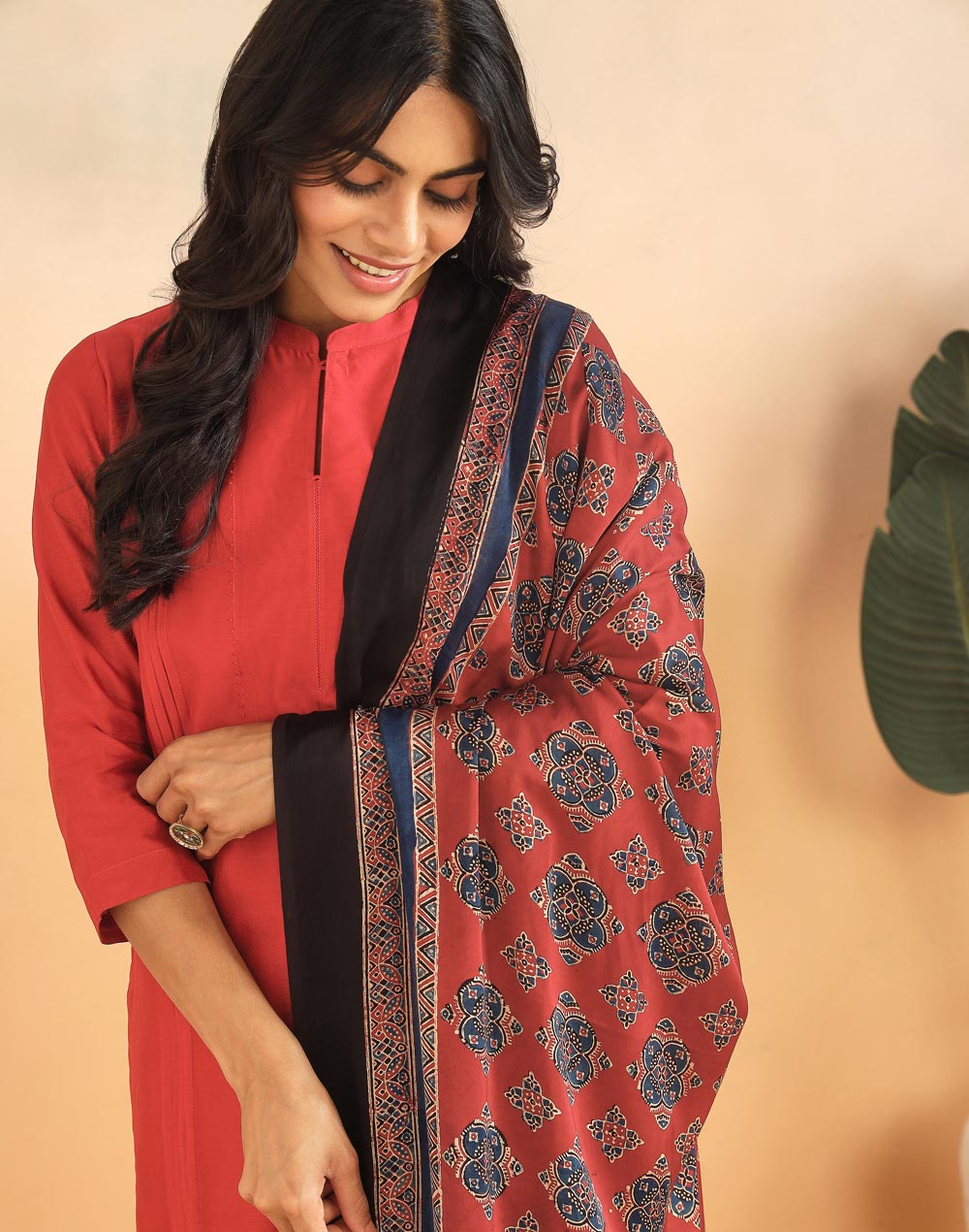 Red Viscose Blend Ajrakh Printed Dupatta