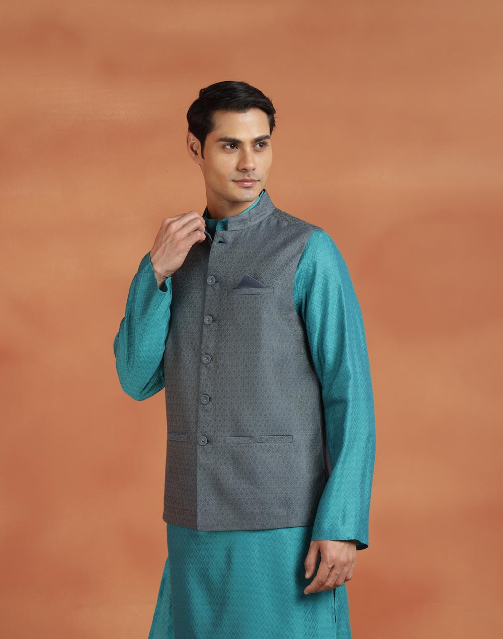 Grey Viscose Silk Nehru Jacket