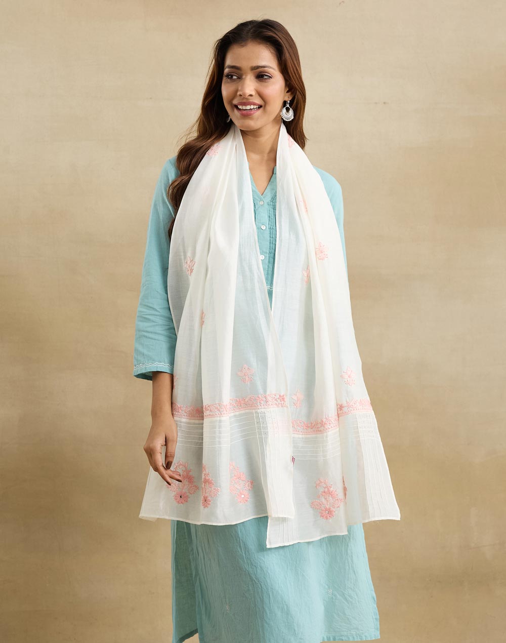 White Cotton Silk Blend Chikankari Stole