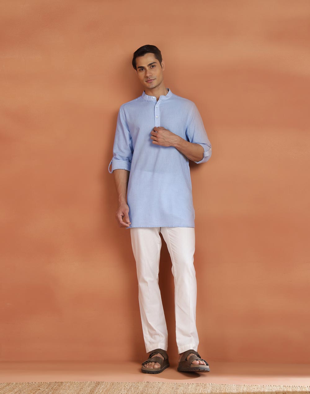 Blue Cotton Dobby Slim Fit Short Kurta