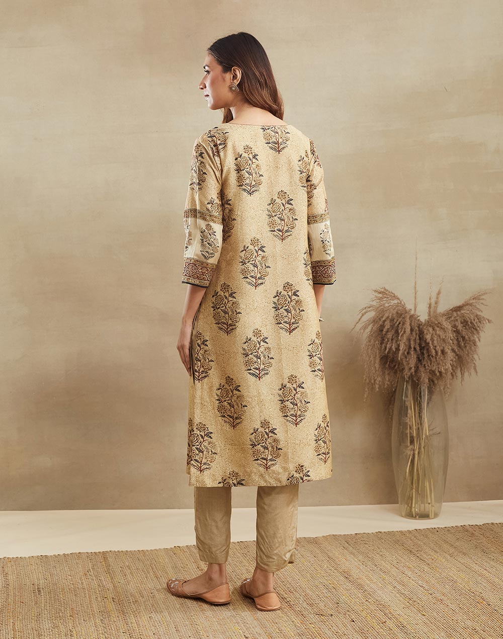 Beige Cotton Silk Long Kurta