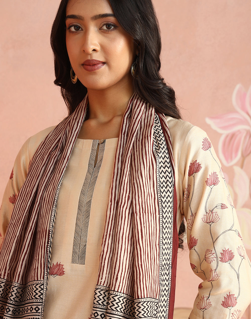 Natural-Red Silk Bagh Printed Stole