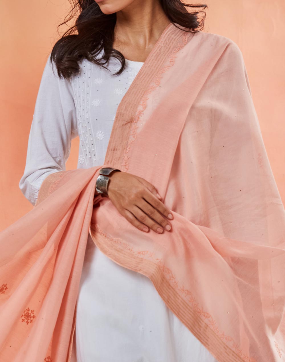 Pink Cotton Silk Blend Chikankari Dupatta