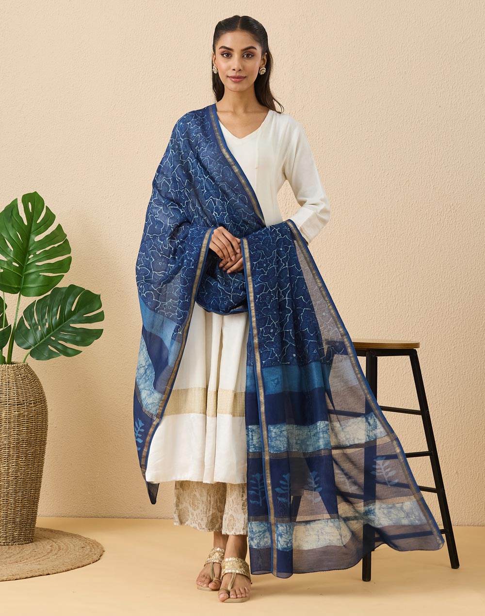 Indigo Cotton Silk Blend Dabu Printed Dupatta