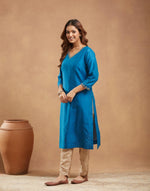 Blue Cotton Silk Hand Embroidered Long Kurta