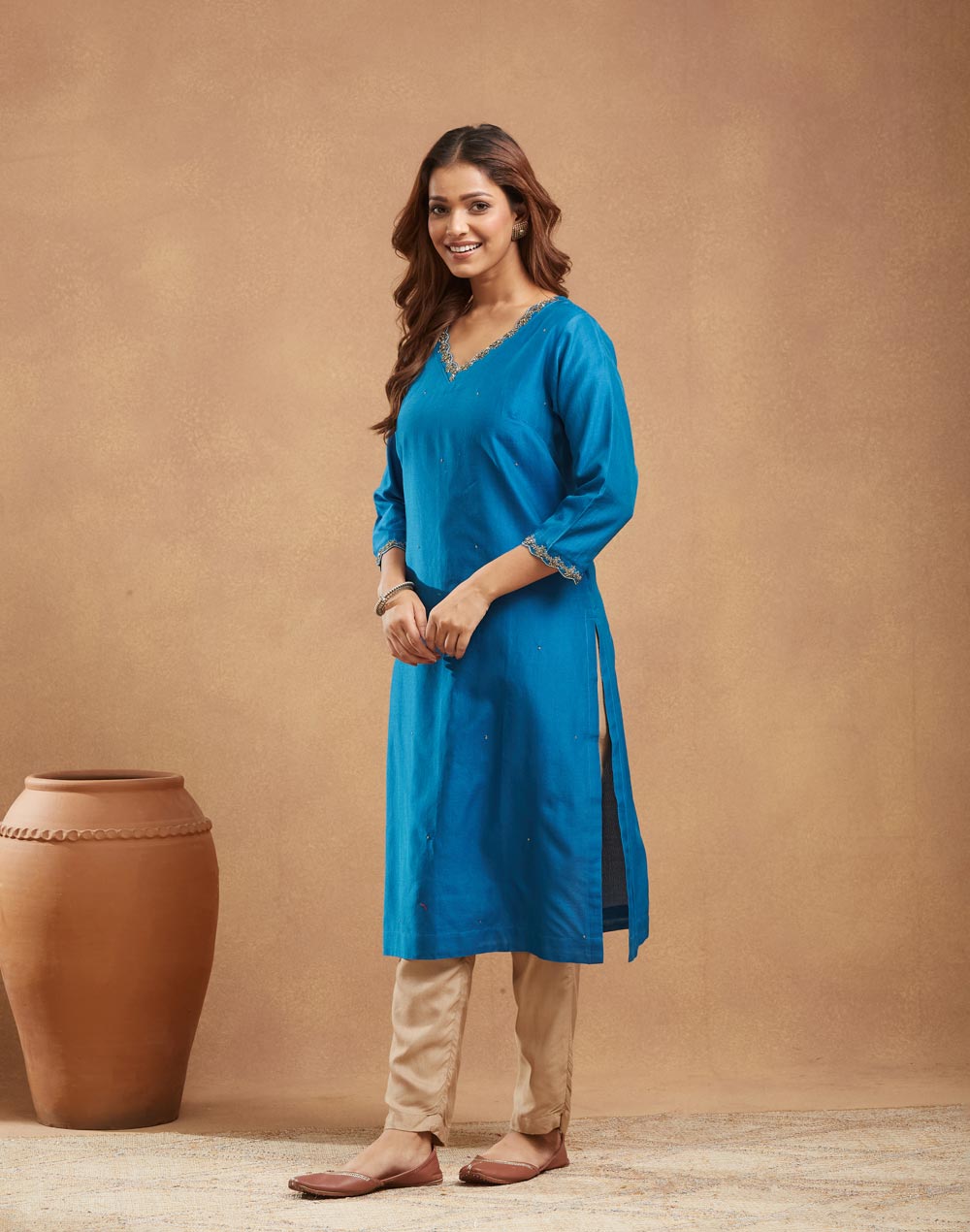 Blue Cotton Silk Hand Embroidered Long Kurta