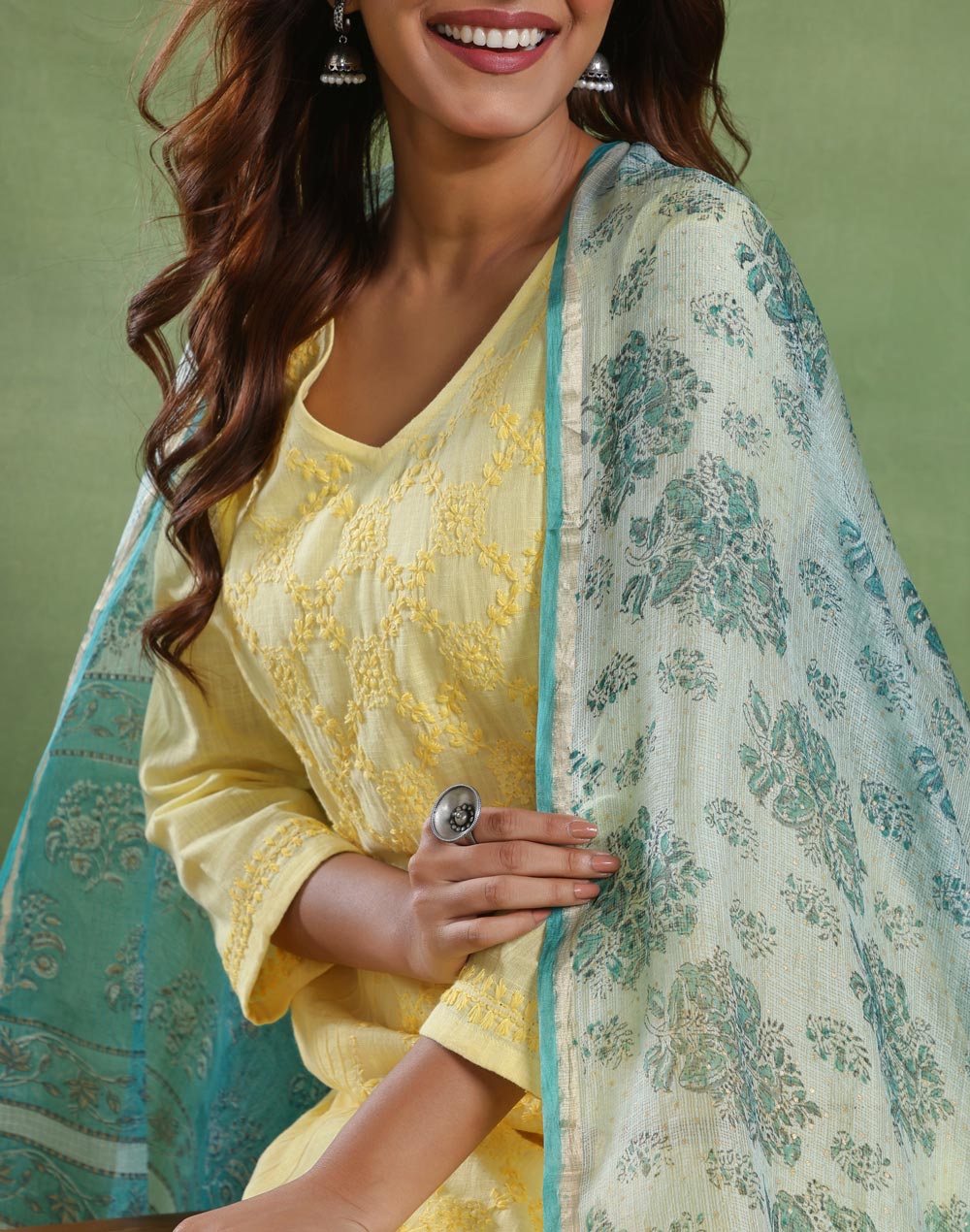 Turquoise Silk Blend Hand Block Printed Dupatta