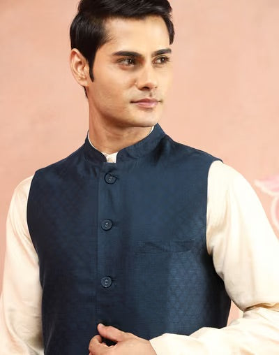 Blue Viscose Silk Nehru Jacket for Men with a soft viscose silk sheen