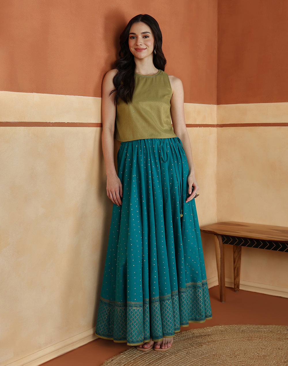 Lime-Teal Cotton Blend Hand Block Printed Skirt Set
