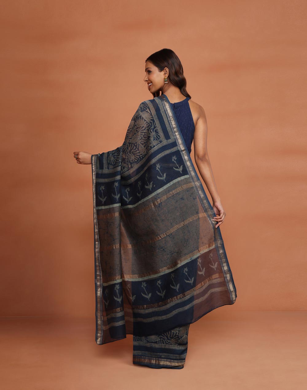 Indigo Cotton Silk Blend Dabu Printed Sari