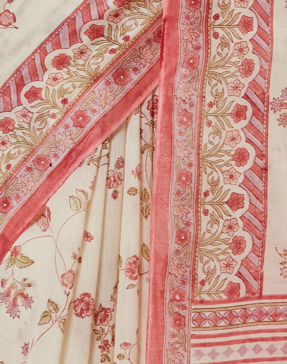 Pink Cotton Silk Hand Block Print Sari