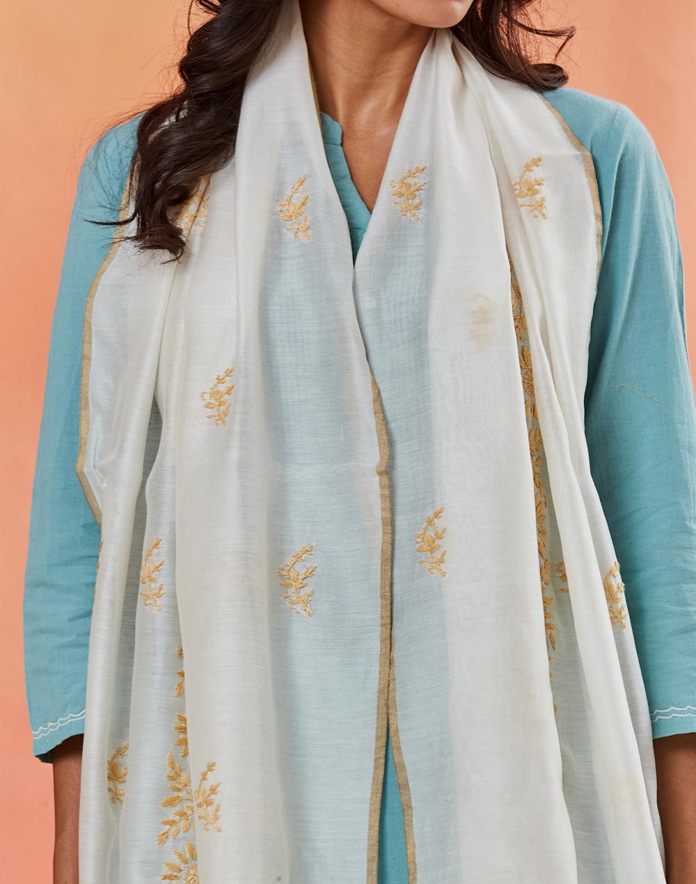 White Cotton Silk Blend Chikankari Shadowed Artistry Stole