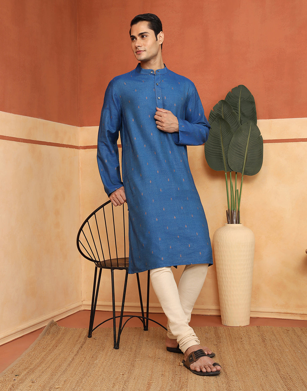 Blue Viscose Block Print Long Kurta for Men from Fabindia UK