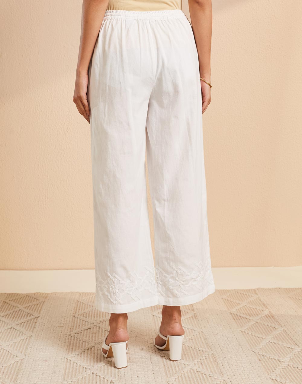 White Cotton Chikankari Casual PJ Pant With Drawstring