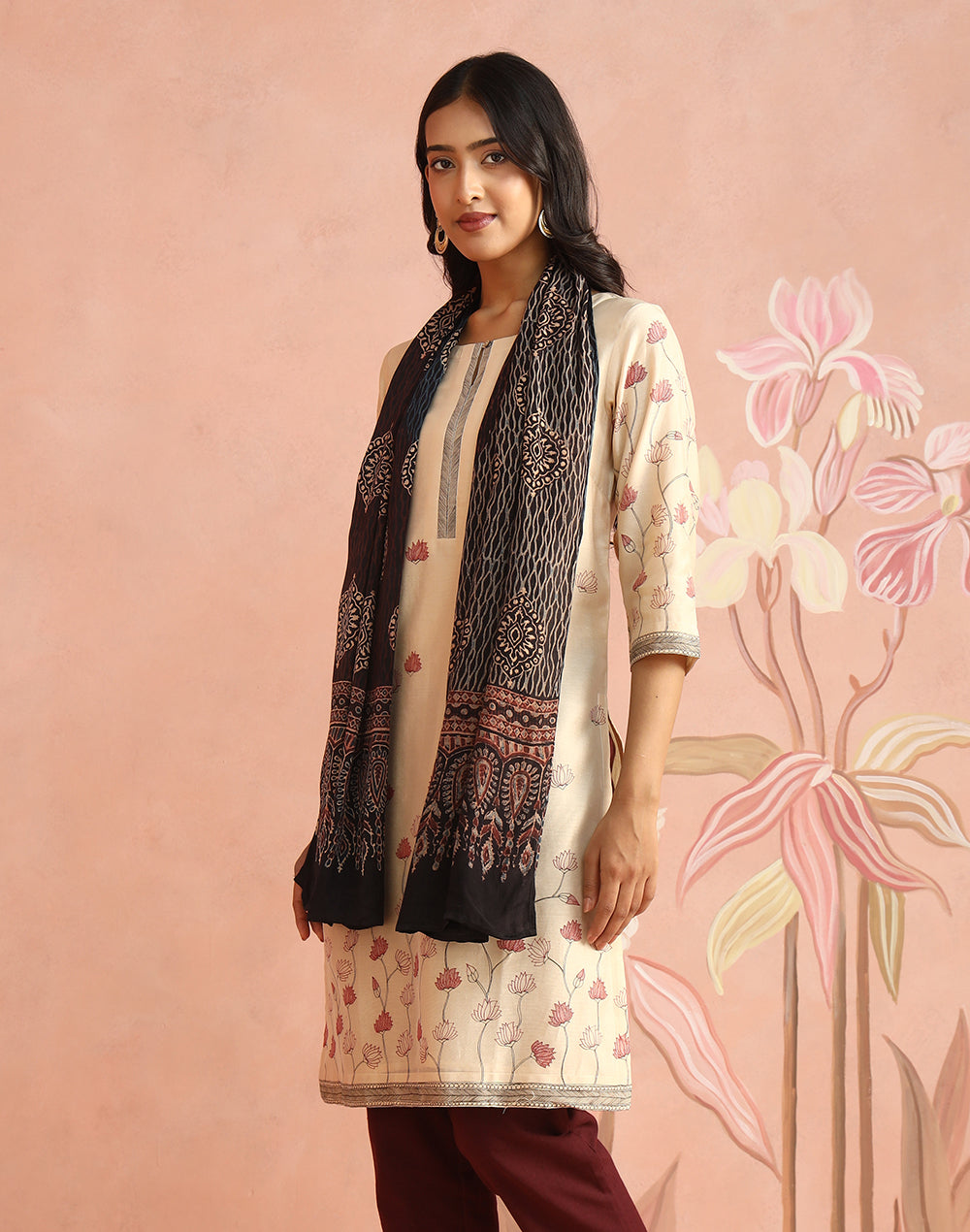 Red-Black Viscose Blend Ajrakh Printed Stole